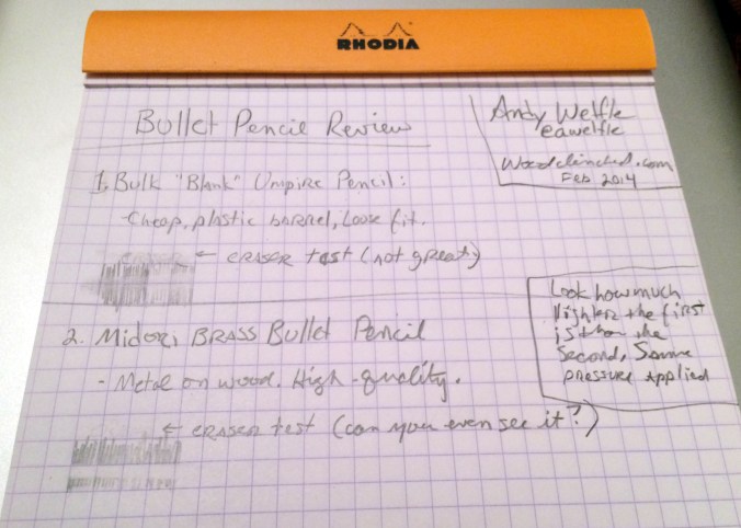 It may be hard to see here, but the writing on the product above (the bulk bullet pencil) is much lighter than the Midori Brass pencil, seen below.