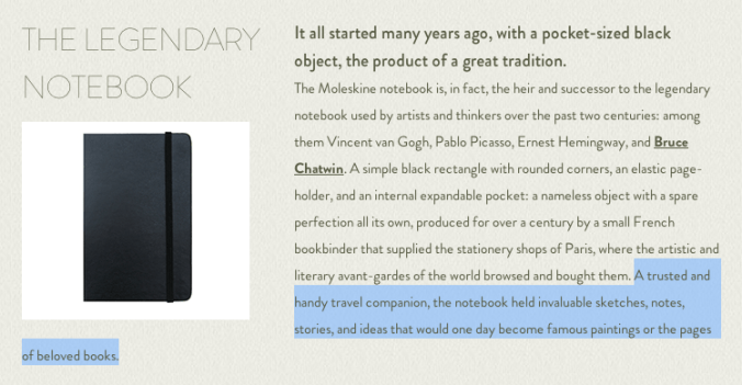 Screenshot from the Moleskine website.