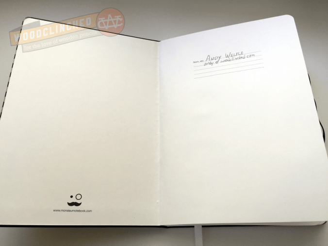 The Bookblock Original inside cover, with the Monsieur logo.