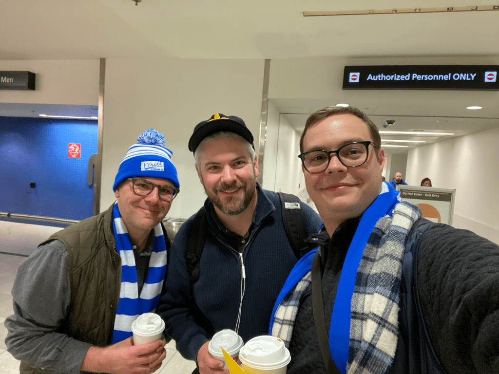 The three Erasable Podcast hosts at the airport: Johnny Gamber, Tim Wasem and Andy Welfle